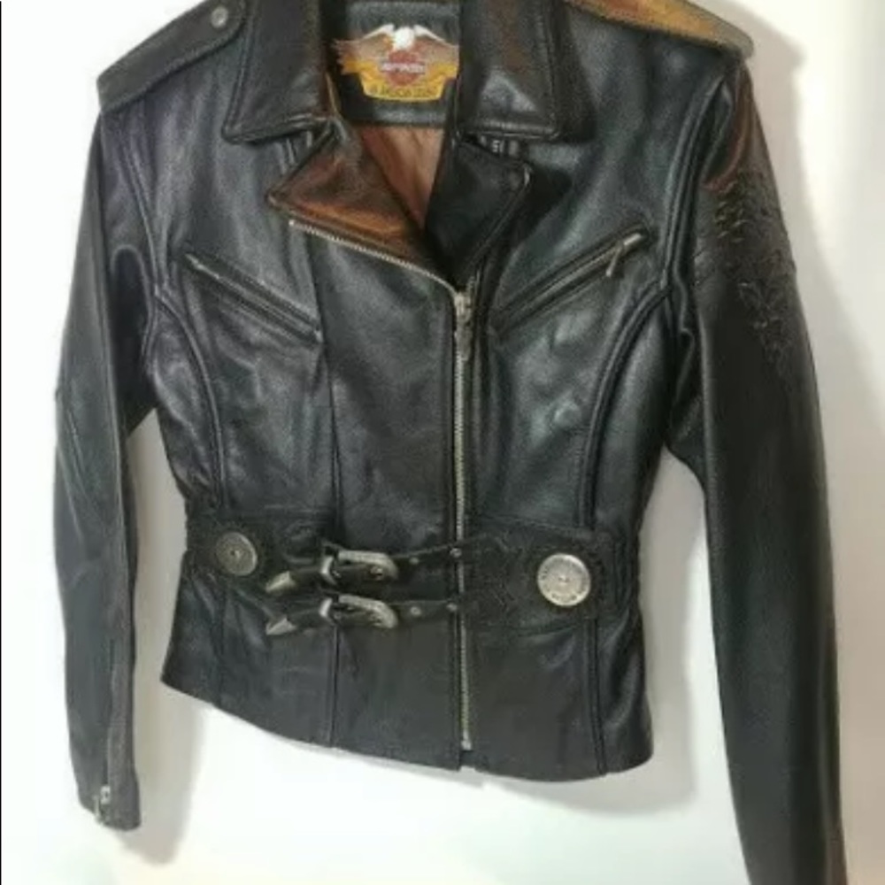 Vintage Harley Davidson embroidered leather jacket. Size L